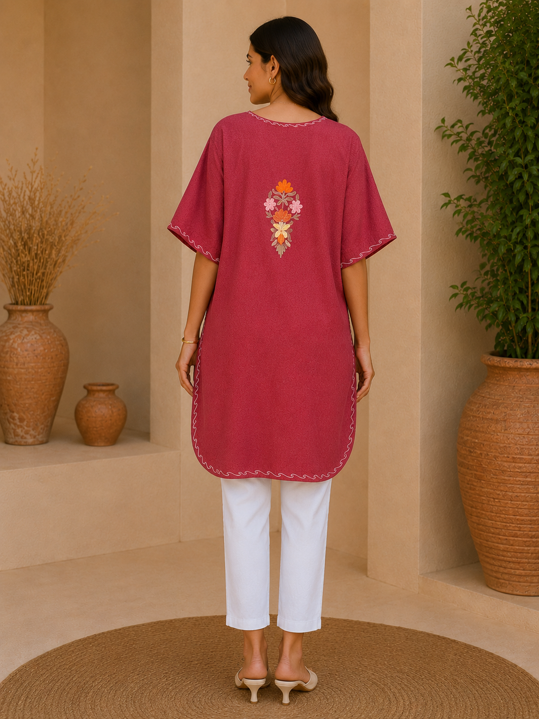 Hot Pink Crush Cotton Kaftan – Multicolor Embroidery | All-Purpose Comfort Ethnic Wear Free Size