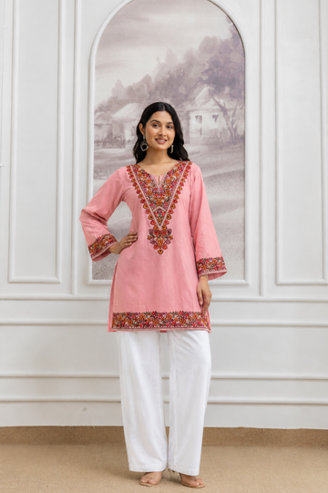 TOK Aari Embroidered Cotton Solid Women's Short Kurta - Light Pink