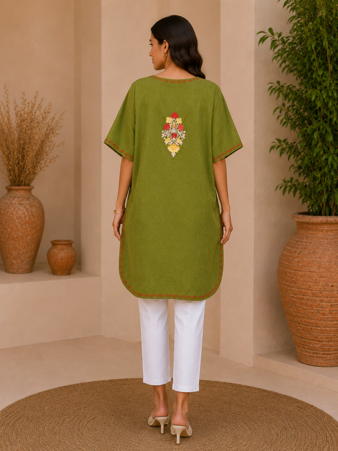 Green Crush Cotton Kaftan – Multicolor Embroidery | All-Purpose Comfort Ethnic Wear Free Size