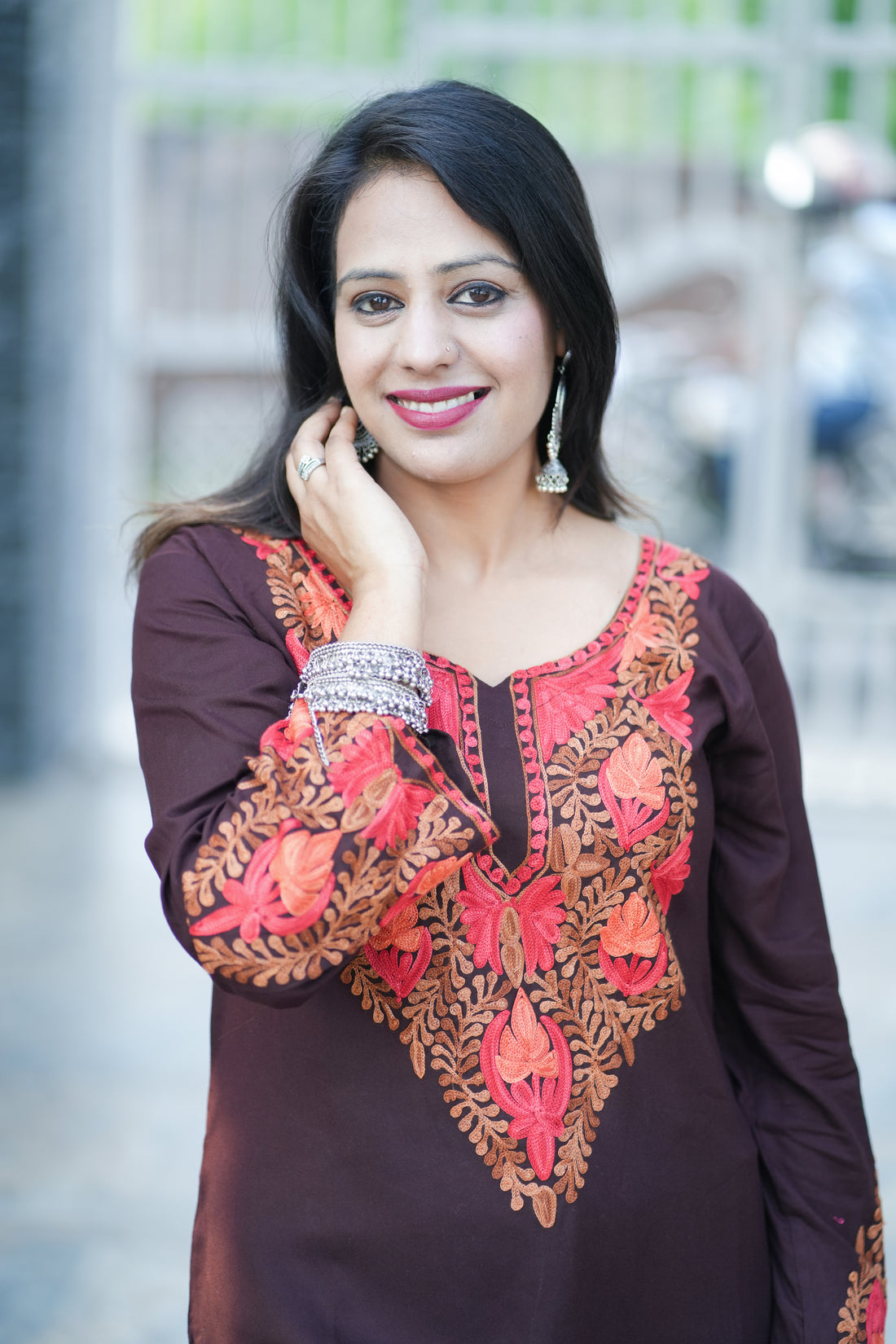 Dark Brown Cotton Kashmiri Aari Embroidered Kurti