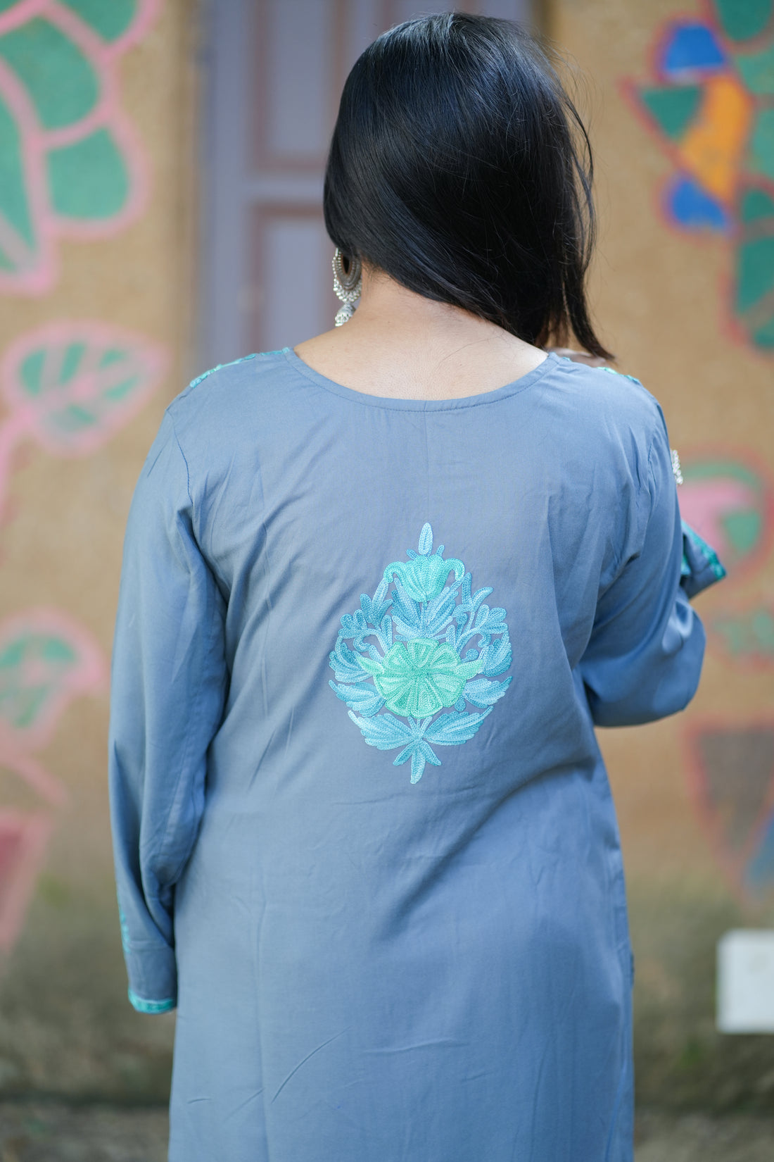 TOK Aari Embroidered Cotton Solid Women's Long Kurta - Grey