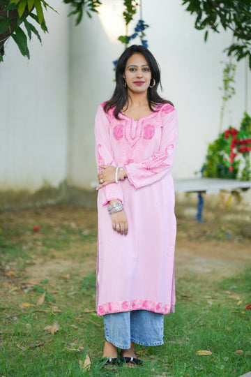 TOK Aari Embroidered Cotton Solid Women's Long Kurta - Pastel Pink