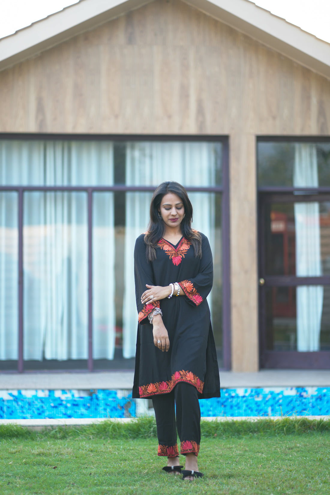 TOK Aari Embroidered Cotton Solid Women's 2PC Co-ord Set - Black