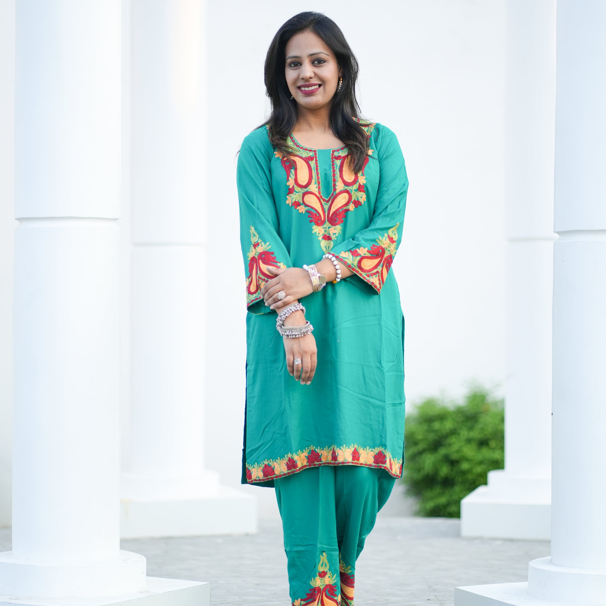 TOK Aari Embroidered Cotton Solid Women's 2PC Co-ord Set - Persian Green