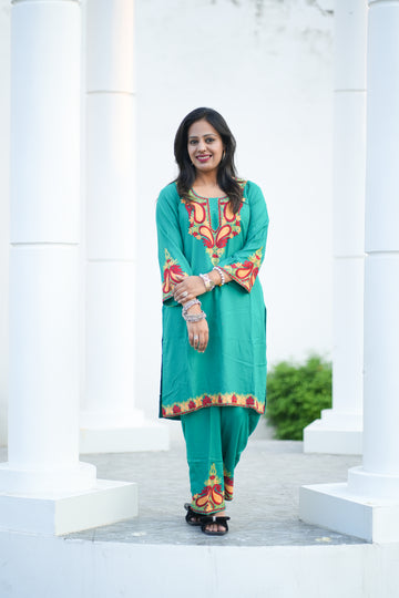 TOK Aari Embroidered Cotton Solid Women's 2PC Co-ord Set - Persian Green