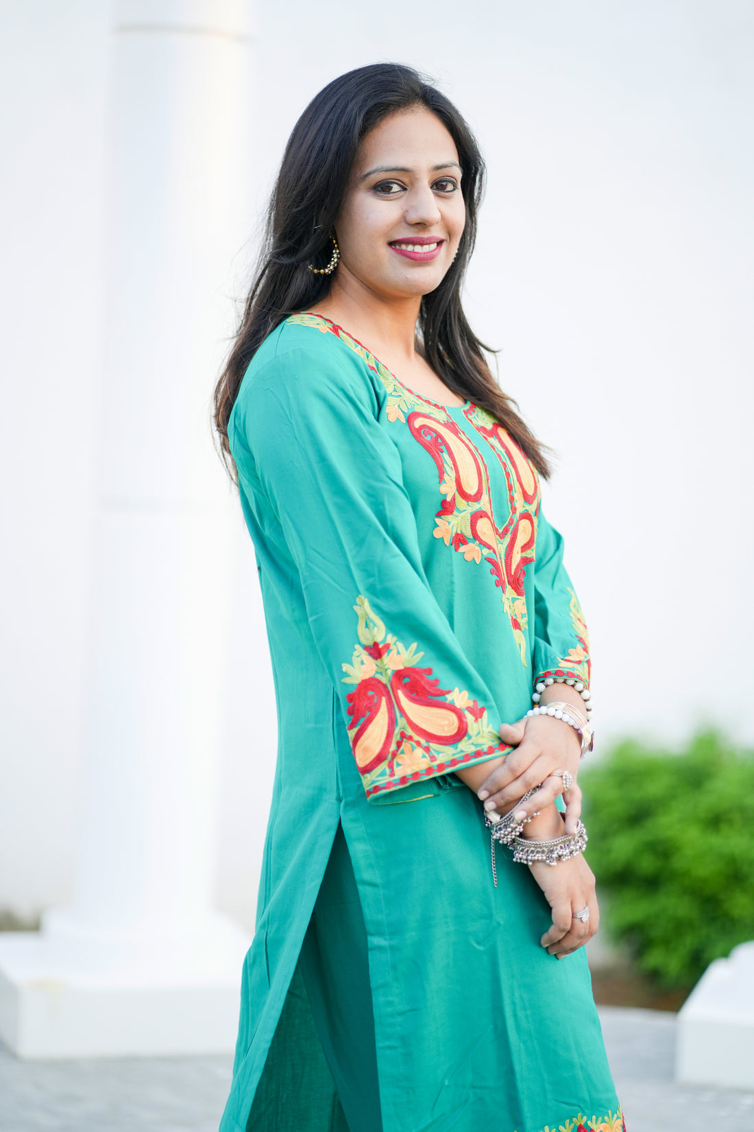 TOK Aari Embroidered Cotton Solid Women's 2PC Co-ord Set - Persian Green