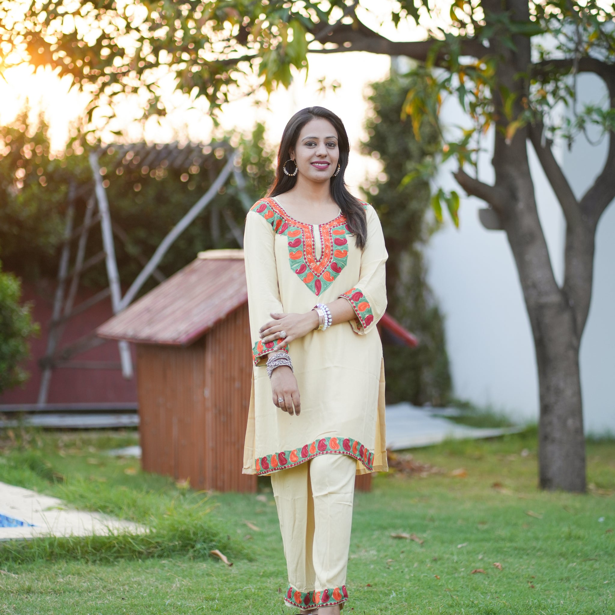 TOK Aari Embroidered Cotton Solid Women's 2PC Co-ord Set - Beige