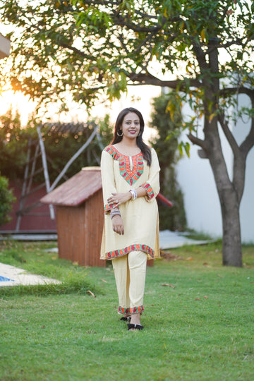 TOK Aari Embroidered Cotton Solid Women's 2PC Co-ord Set - Beige