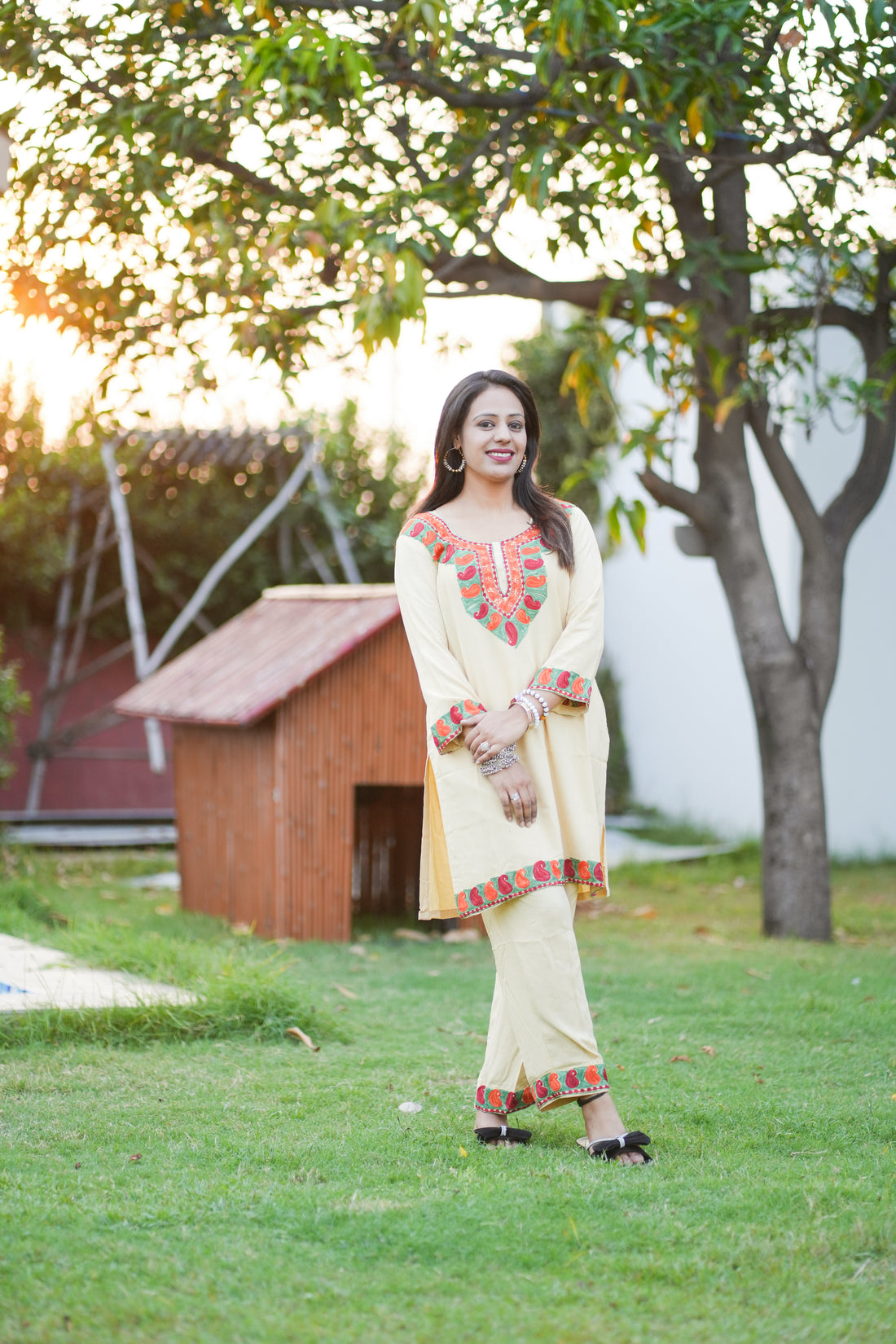 TOK Aari Embroidered Cotton Solid Women's 2PC Co-ord Set - Beige