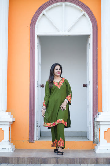TOK Aari Embroidered Cotton Solid Women's 2PC Co-ord Set - Olive Green