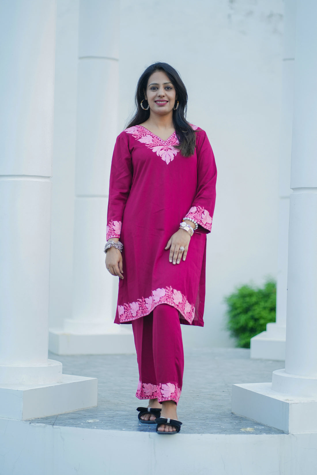 TOK Aari Embroidered Cotton Solid Women's 2PC Co-ord Set - Magenta