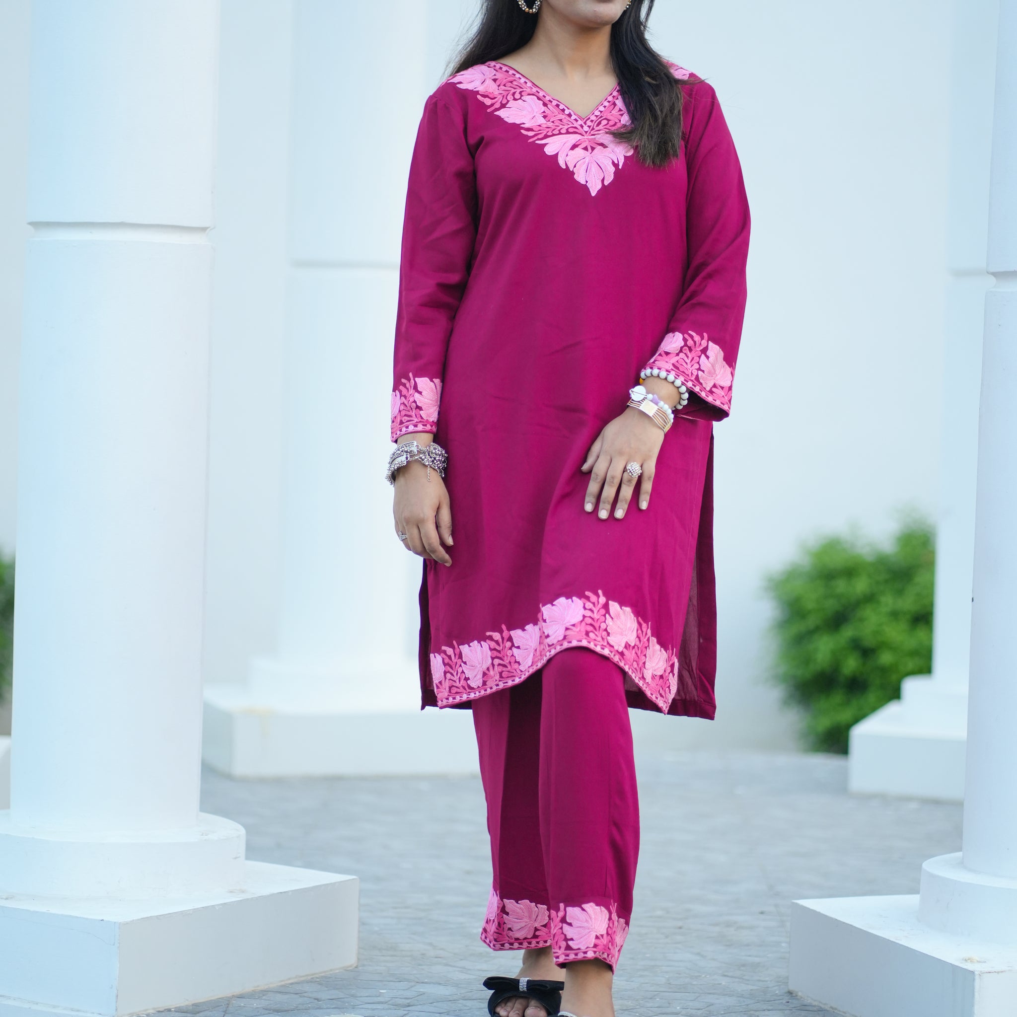 TOK Aari Embroidered Cotton Solid Women's 2PC Co-ord Set - Magenta