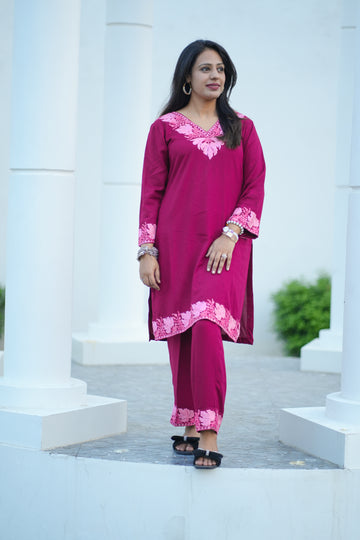 TOK Aari Embroidered Cotton Solid Women's 2PC Co-ord Set - Magenta
