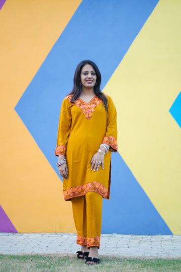 TOK Aari Embroidered Cotton Solid Women's 2PC Co-ord Set - Mustard