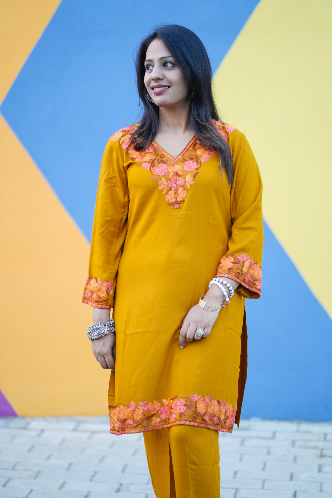 TOK Aari Embroidered Cotton Solid Women's 2PC Co-ord Set - Mustard