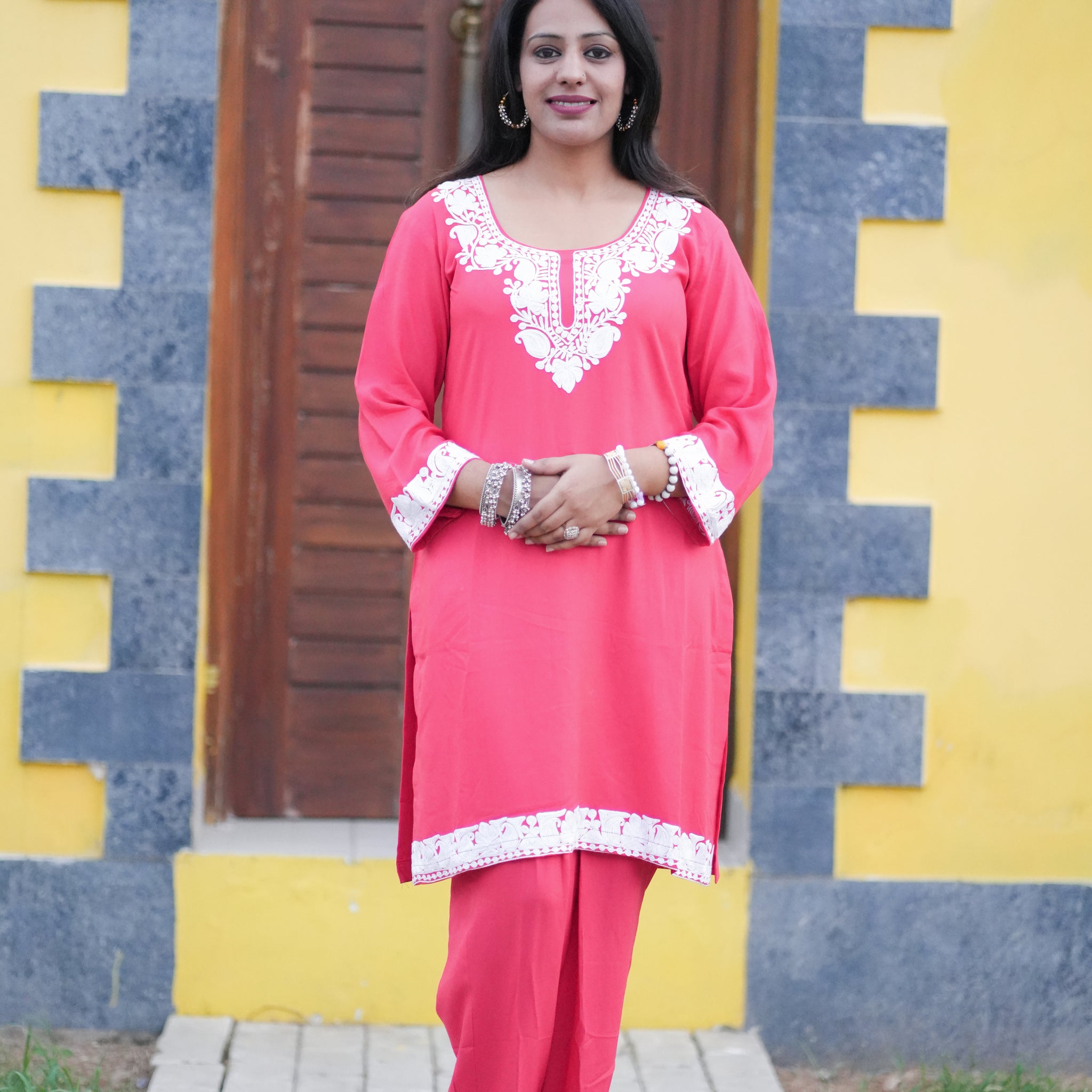 TOK Aari Embroidered Cotton Solid Women's 2PC Co-ord Set - Pink