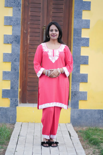 TOK Aari Embroidered Cotton Solid Women's 2PC Co-ord Set - Pink