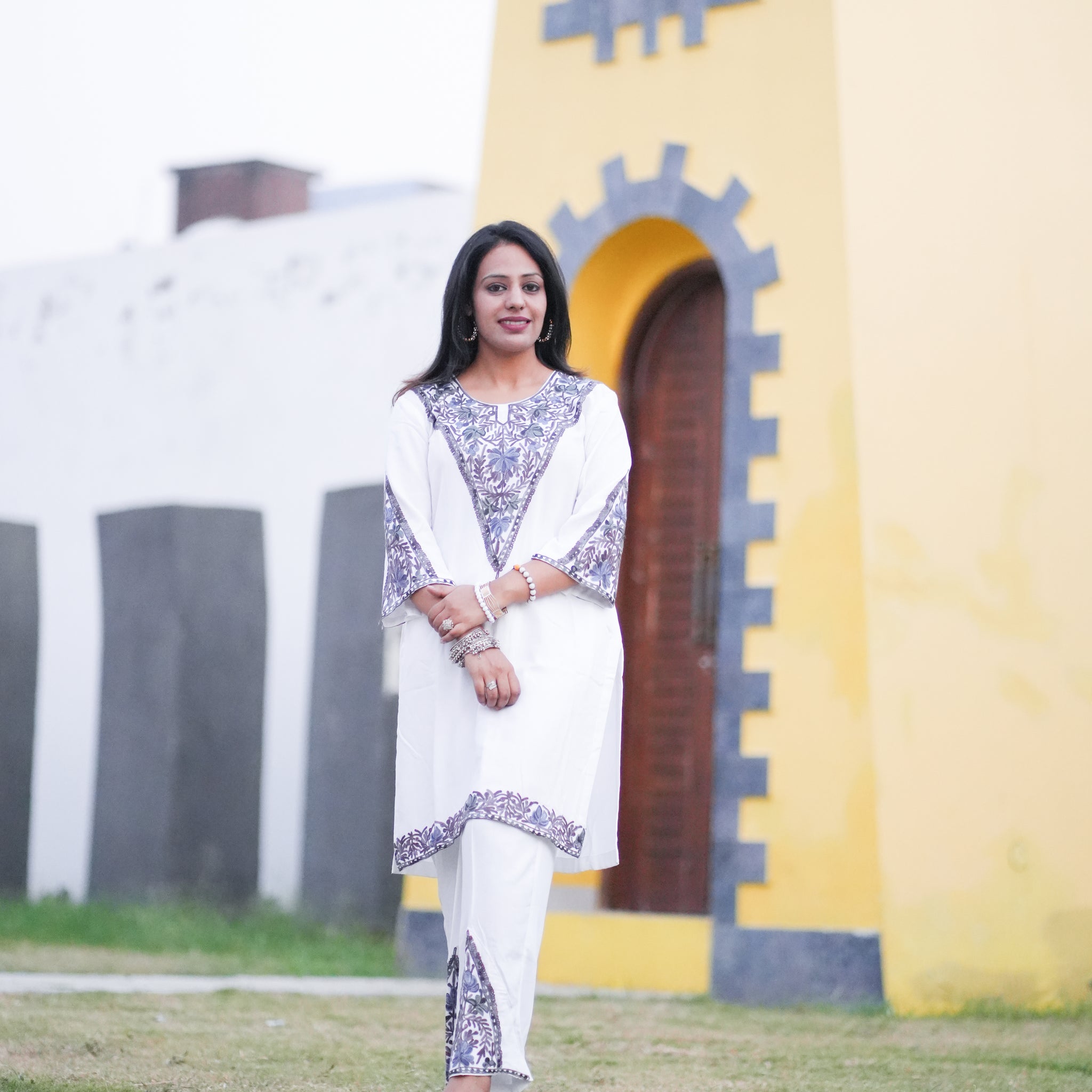TOK Aari Embroidered Cotton Solid Women's 2PC Co-ord Set - Off White