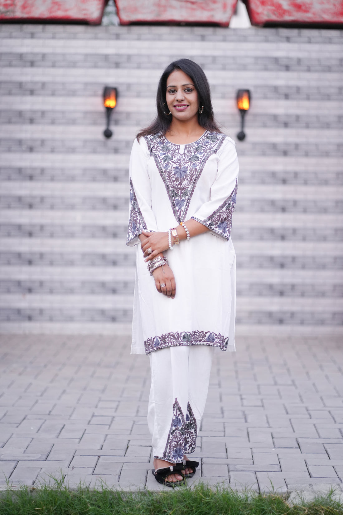 TOK Aari Embroidered Cotton Solid Women's 2PC Co-ord Set - Off White