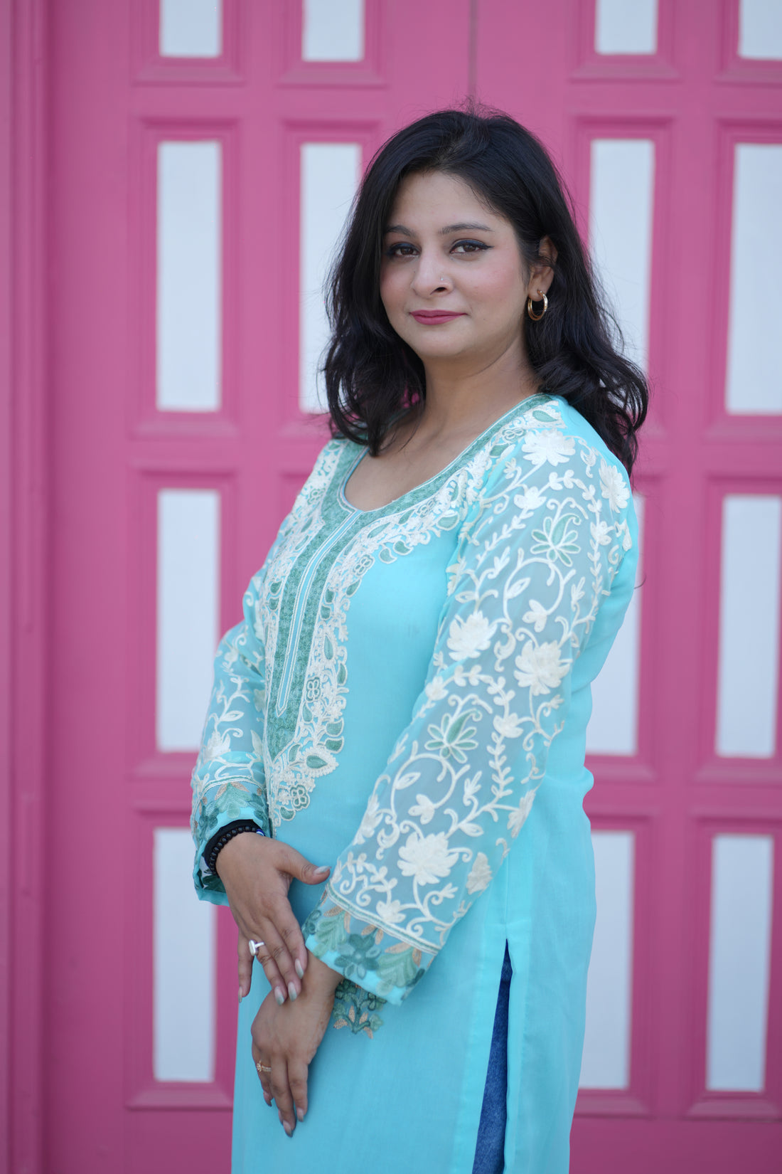 TOK Aari Embroidered Georgette Women's Long Kurta - Ice Blue