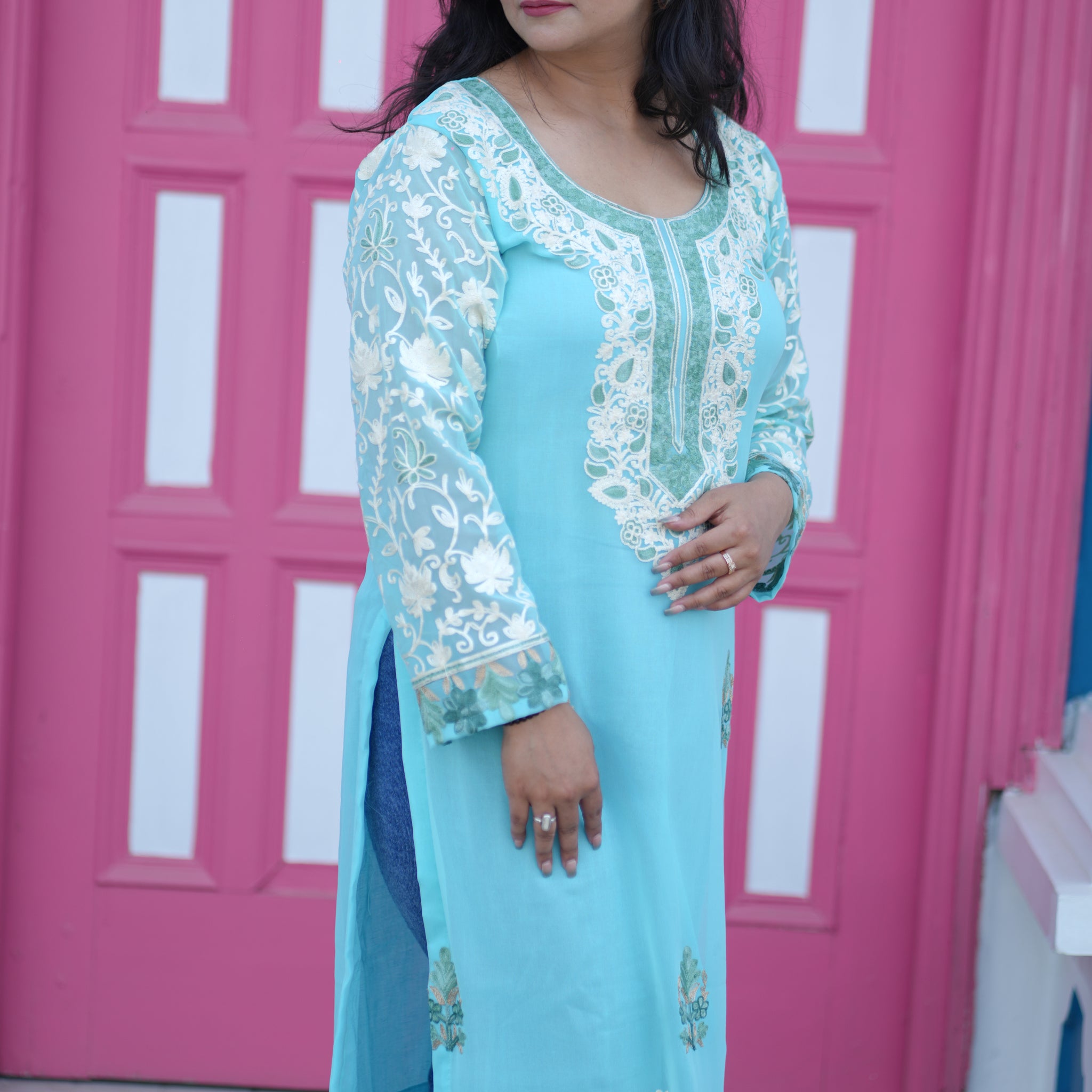 TOK Aari Embroidered Georgette Women's Long Kurta - Ice Blue