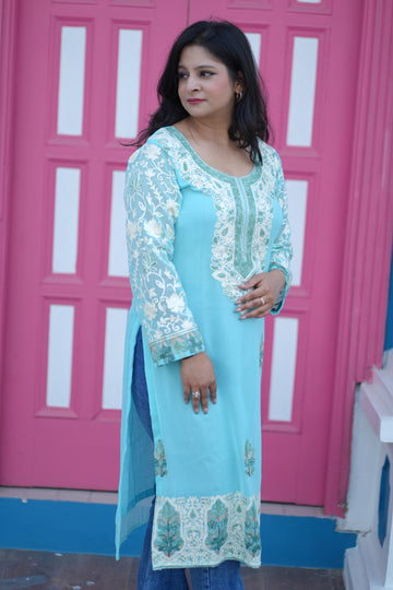 TOK Aari Embroidered Georgette Women's Long Kurta - Ice Blue