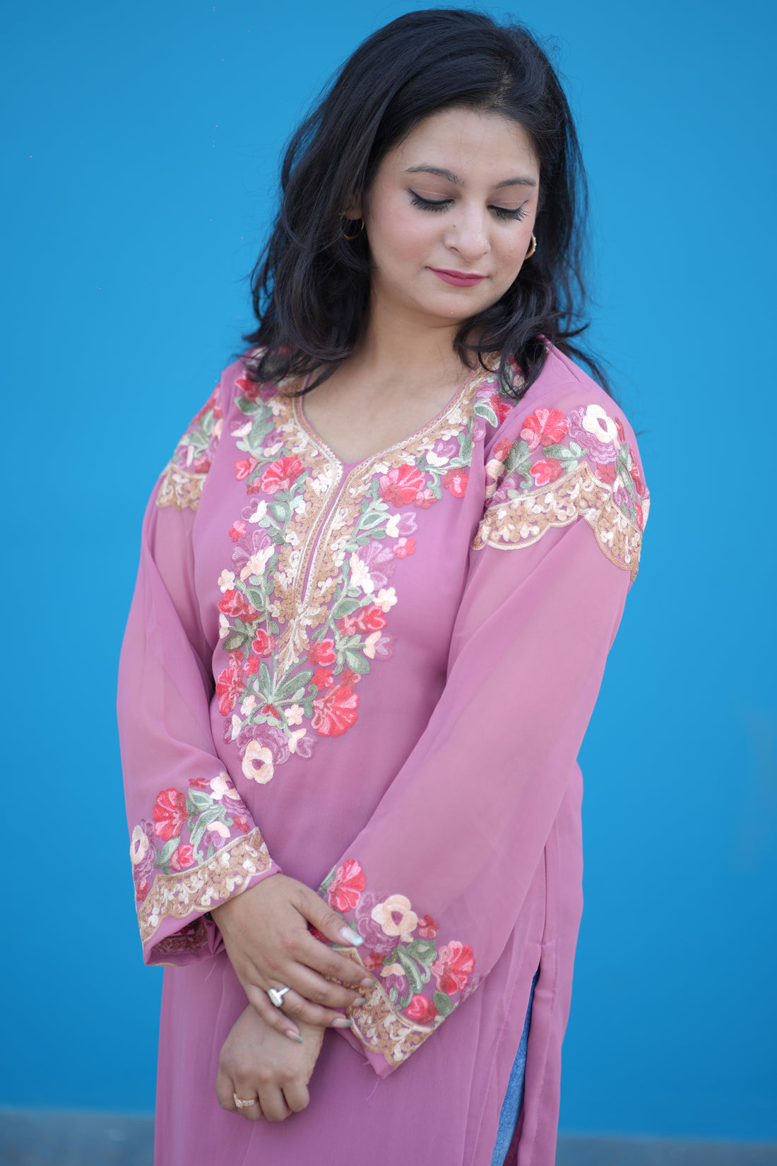 TOK Aari Embroidered Georgette Women's Long Kurta - Pink
