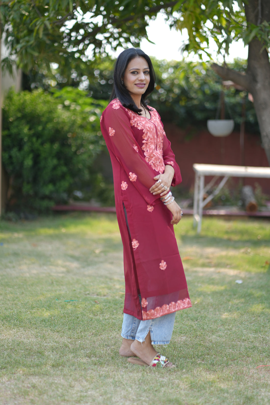 TOK Aari Embroidered Georgette Women's Long Kurta - Maroon