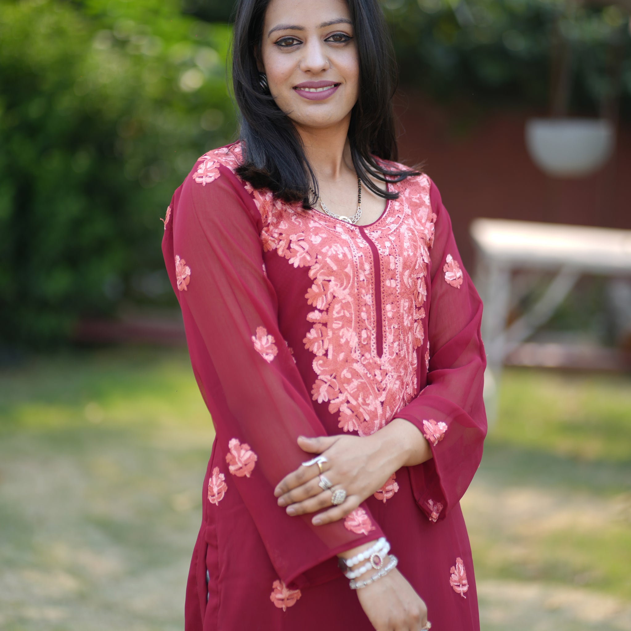 TOK Aari Embroidered Georgette Women's Long Kurta - Maroon
