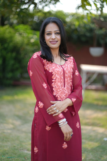 TOK Aari Embroidered Georgette Women's Long Kurta - Maroon