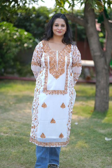 TOK Aari Embroidered Georgette Women's Long Kurta - White