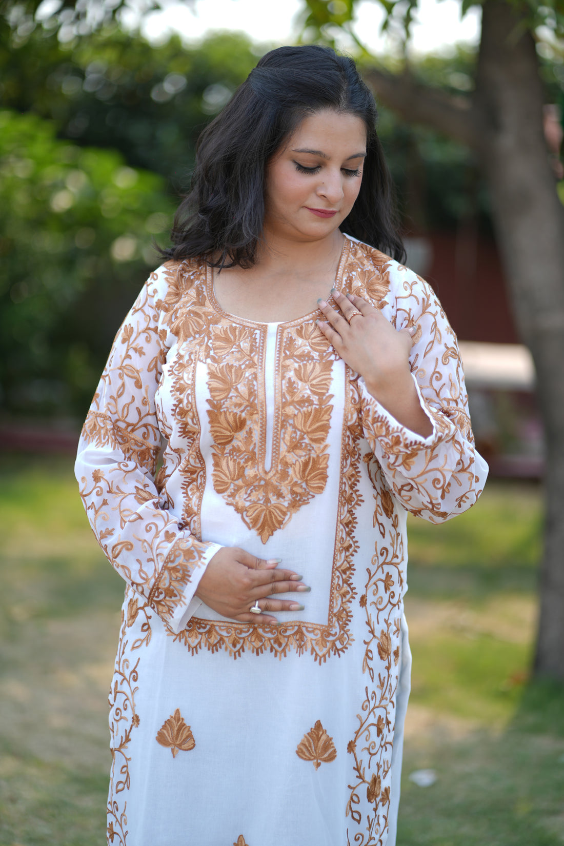 TOK Aari Embroidered Georgette Women's Long Kurta - White