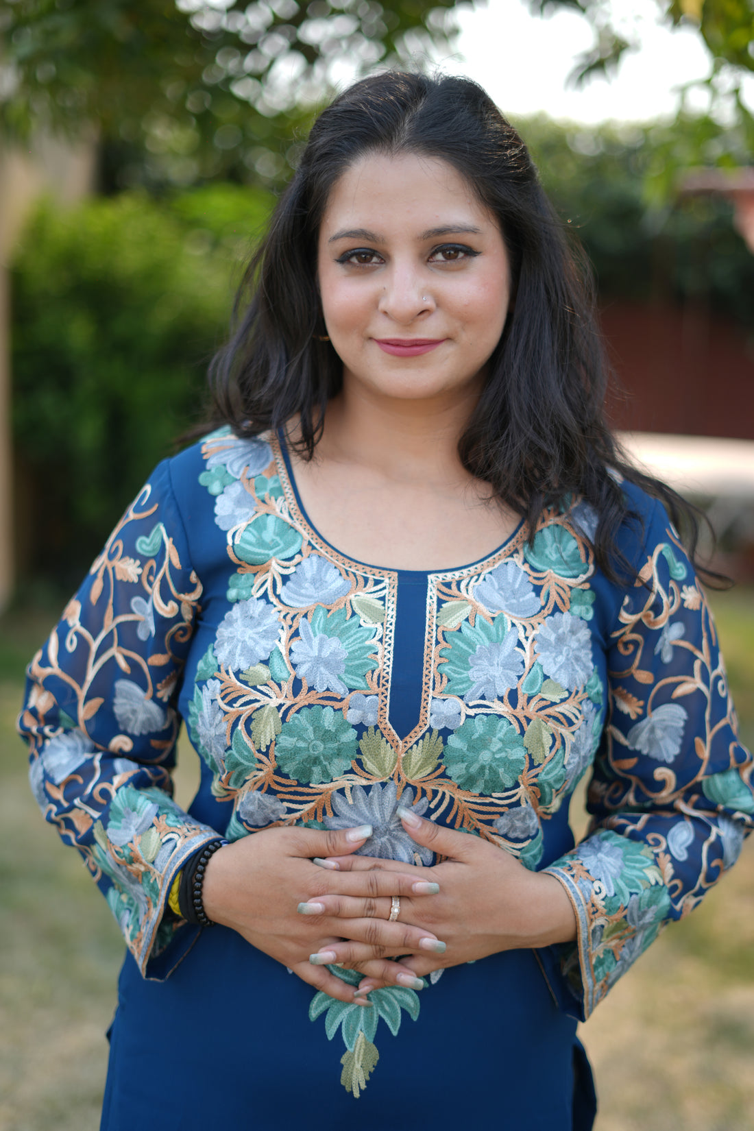 TOK Aari Embroidered Georgette Women's Long Kurta - Blue