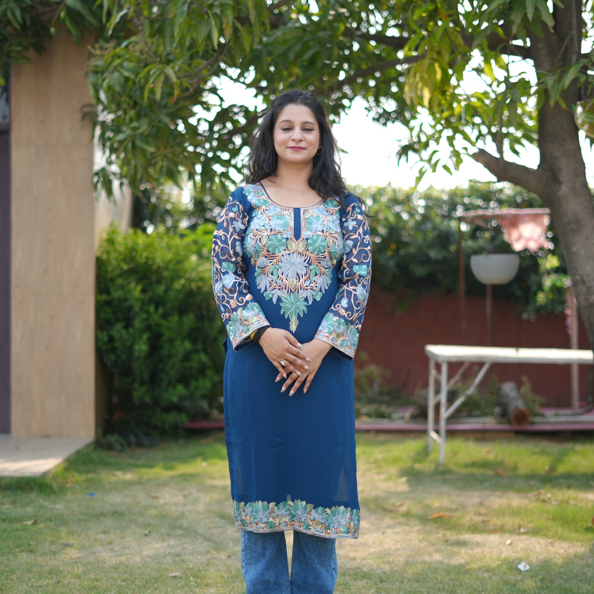 TOK Aari Embroidered Georgette Women's Long Kurta - Blue