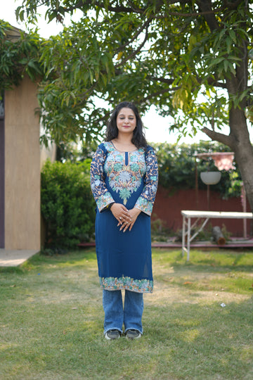 TOK Aari Embroidered Georgette Women's Long Kurta - Blue