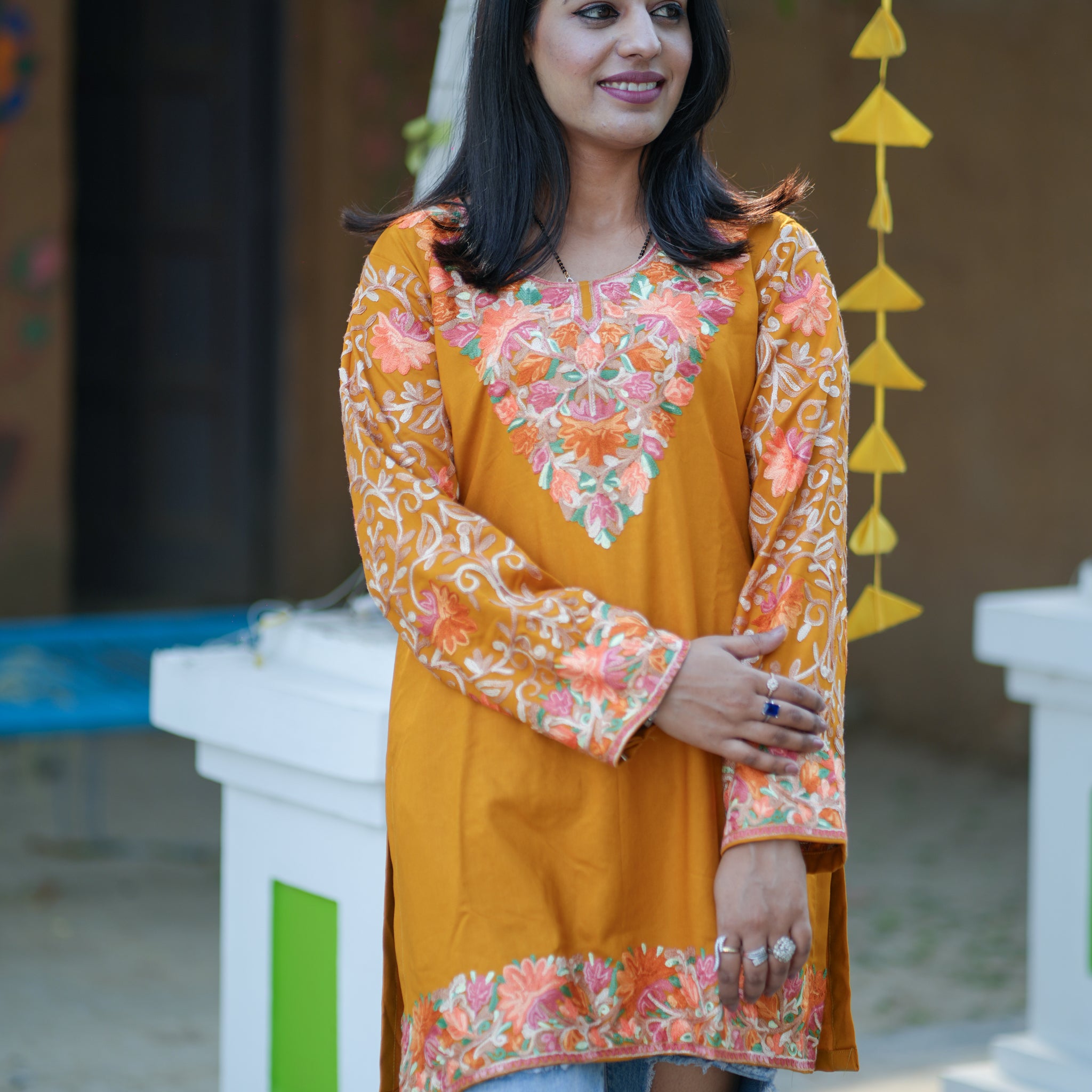 TOK Aari Embroidered Cotton Solid Women's Short Kurta - Mustard