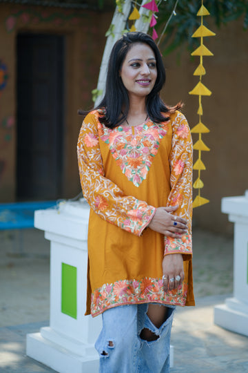 TOK Aari Embroidered Cotton Solid Women's Short Kurta - Mustard