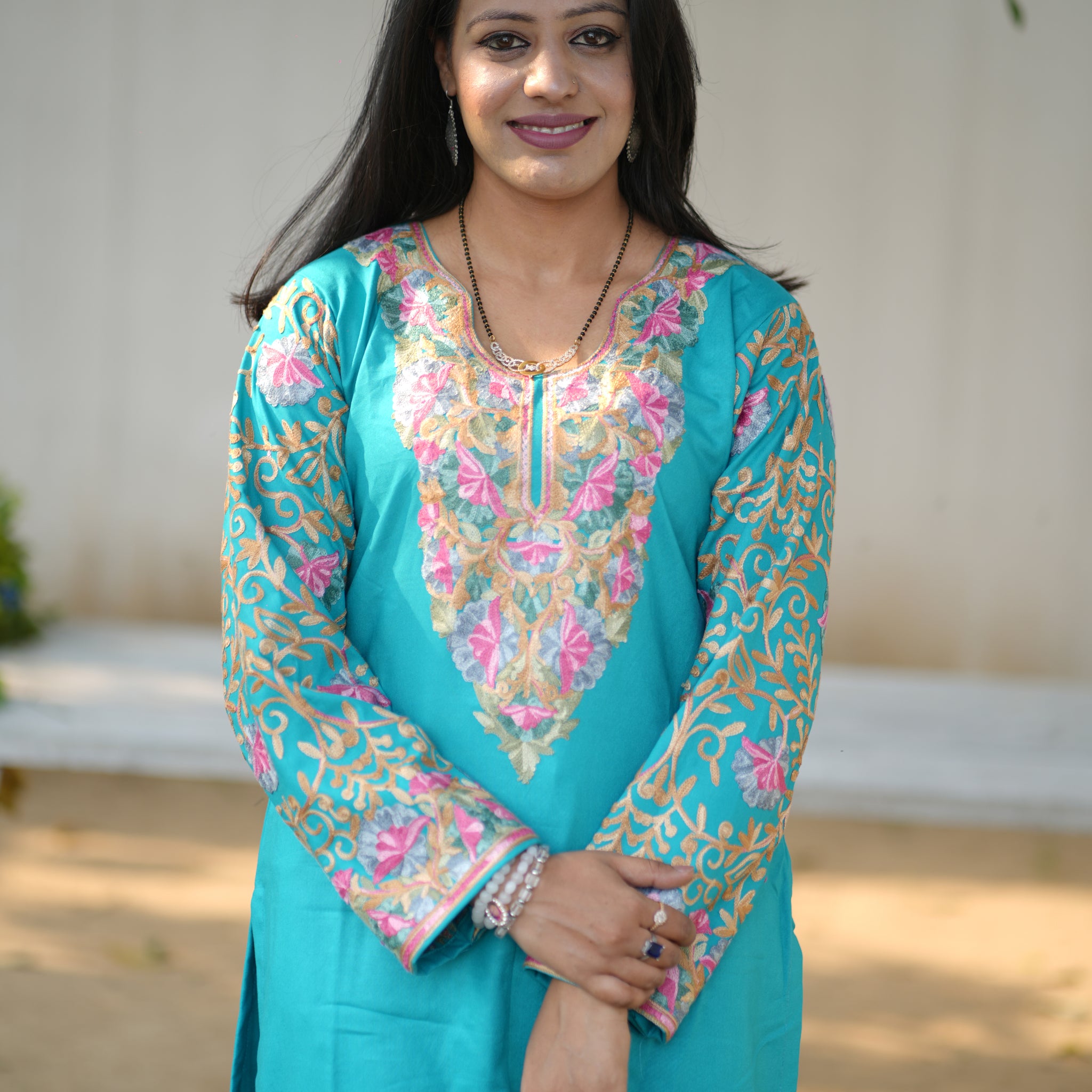 TOK Aari Embroidered Cotton Solid Women's Short Kurta - Light Blue