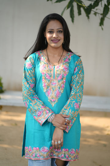 TOK Aari Embroidered Cotton Solid Women's Short Kurta - Light Blue