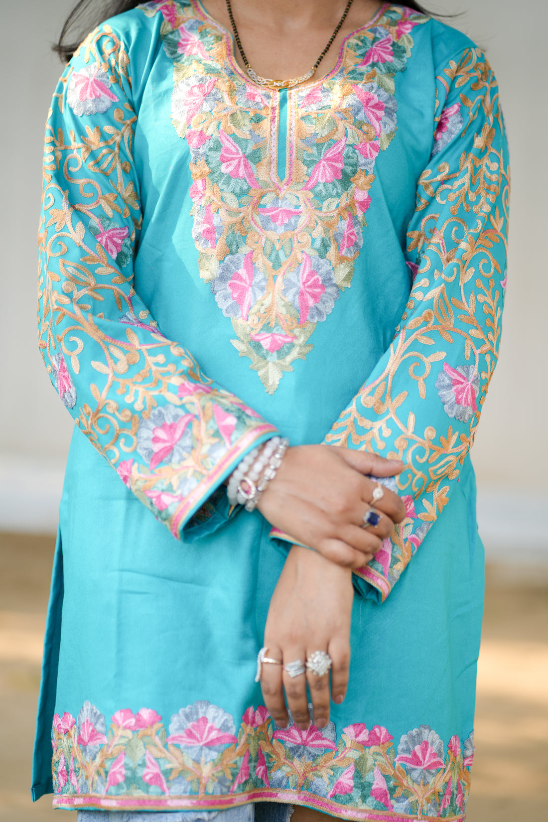 TOK Aari Embroidered Cotton Solid Women's Short Kurta - Light Blue