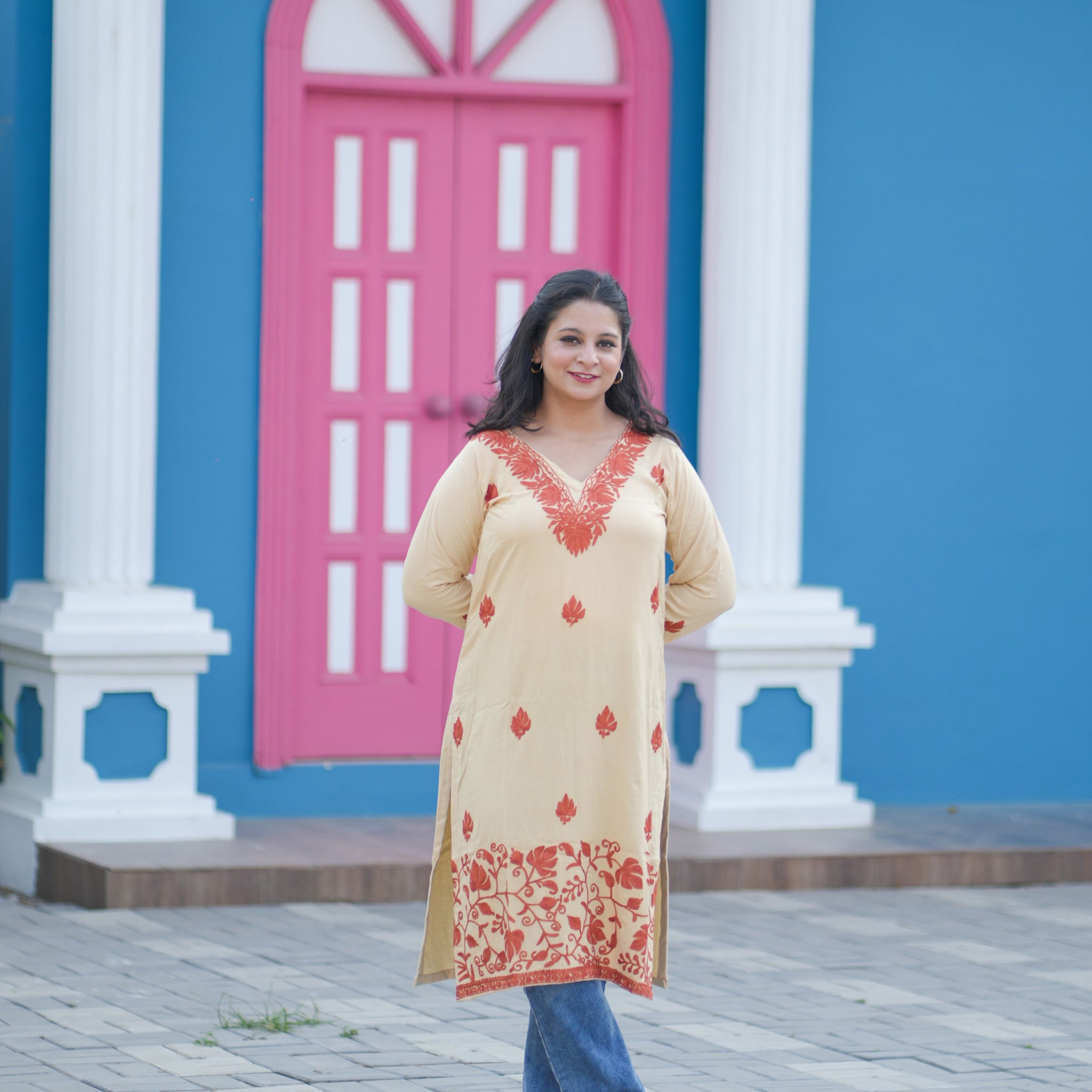 TOK Aari Embroidered Cotton Solid Women's Long Kurta - Golden