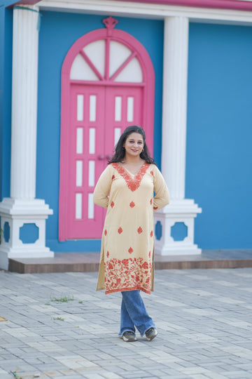 TOK Aari Embroidered Cotton Solid Women's Long Kurta - Golden