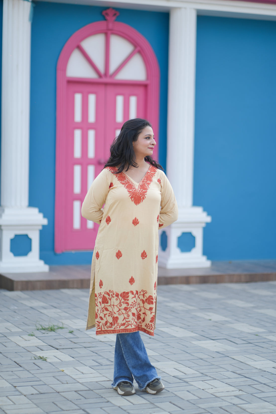 TOK Aari Embroidered Cotton Solid Women's Long Kurta - Golden