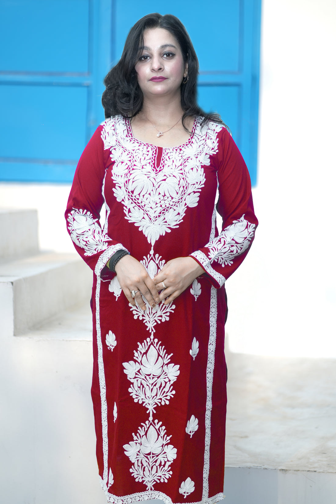 TOK Aari Embroidered Cotton Solid Women's Long Kurta - Maroon
