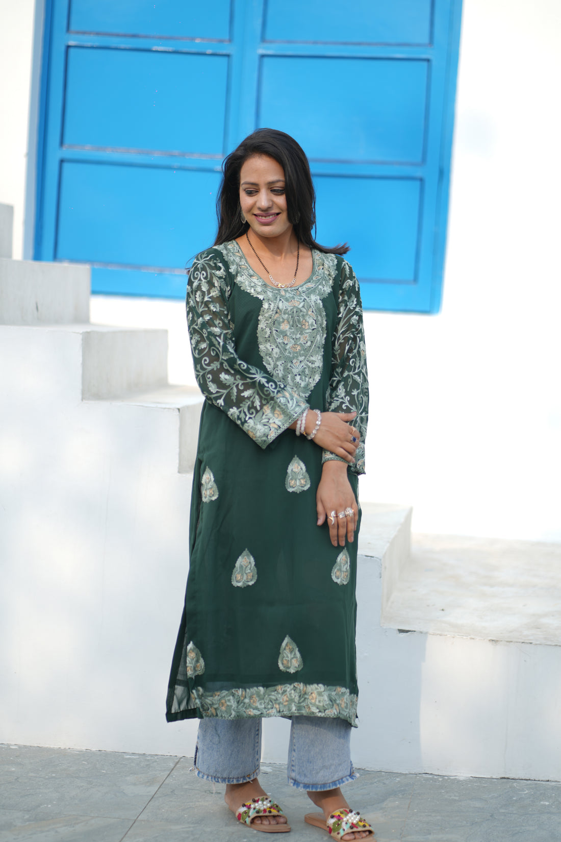 TOK Aari Embroidered Georgette Women's Long Kurta - Bottle Green