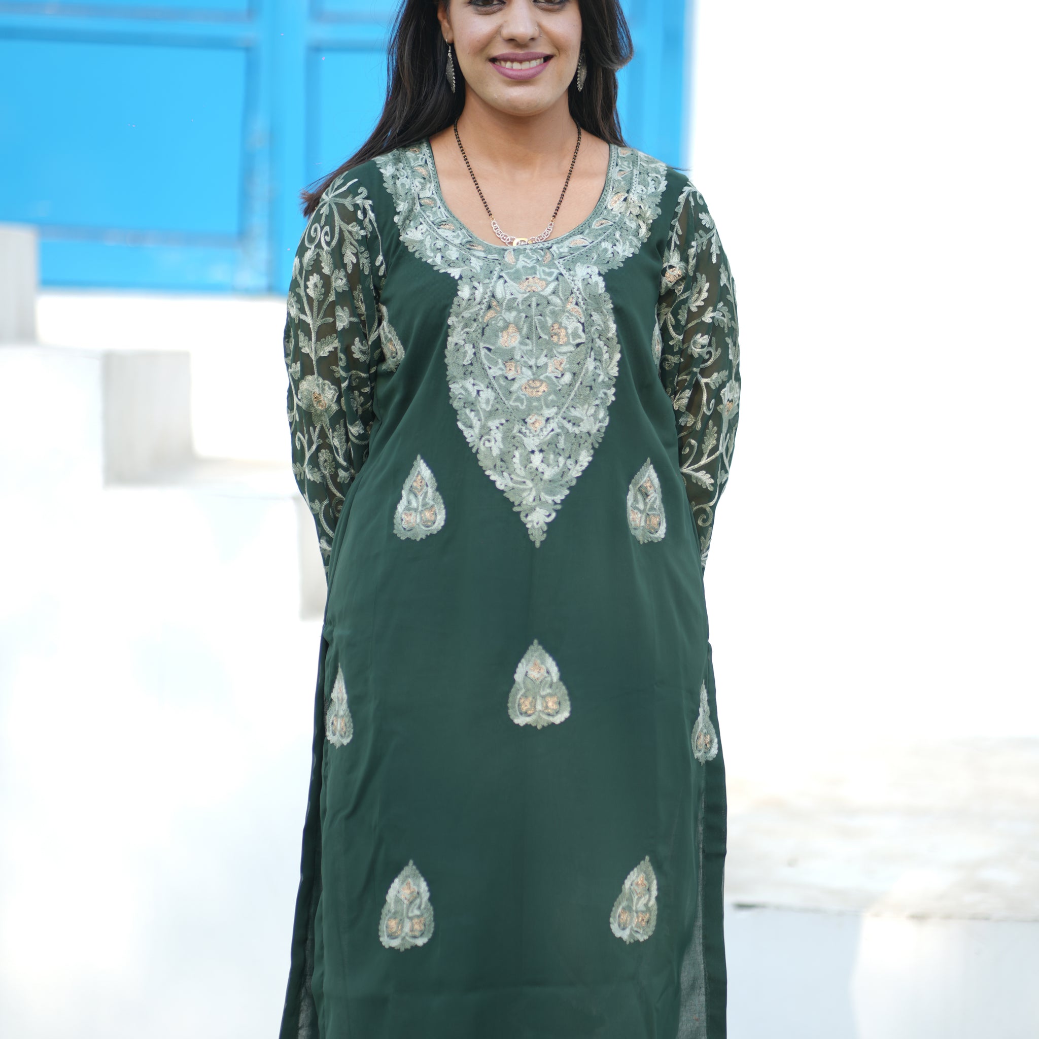 TOK Aari Embroidered Georgette Women's Long Kurta - Bottle Green