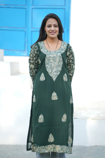 TOK Aari Embroidered Georgette Women's Long Kurta - Bottle Green