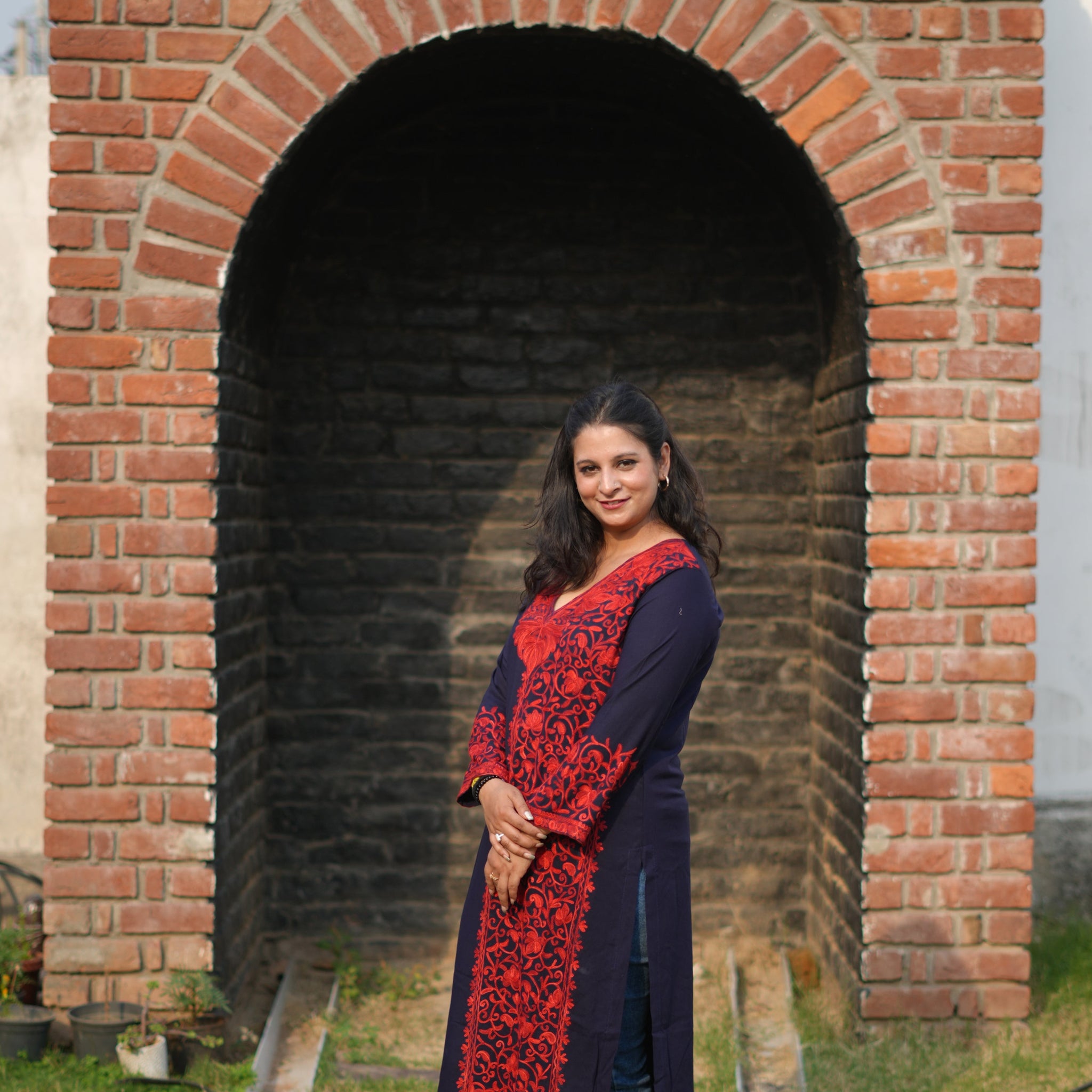 TOK Aari Embroidered Cotton Solid Women's Long Kurta - Navy Blue