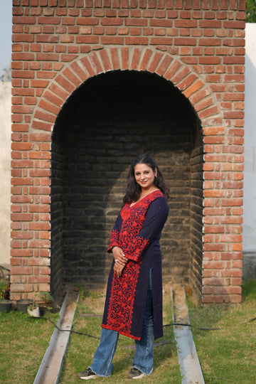 TOK Aari Embroidered Cotton Solid Women's Long Kurta - Navy Blue