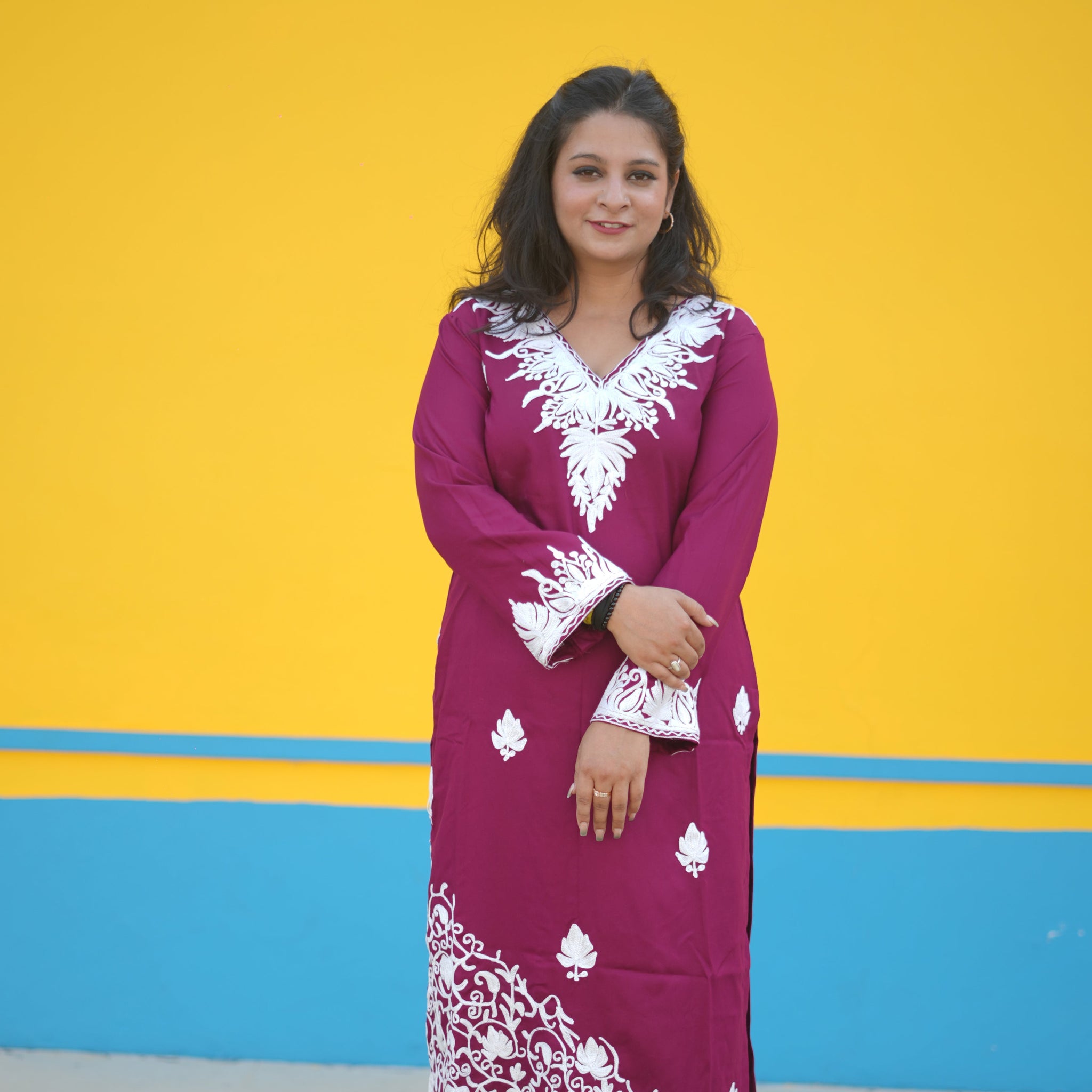 TOK Aari Embroidered Cotton Solid Women's Long Kurta - Magenta